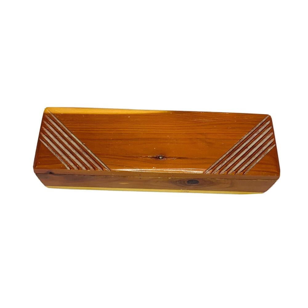 Vintage Wood Pencil Box With Hinged Lid Small Rectangle Desk Container Case